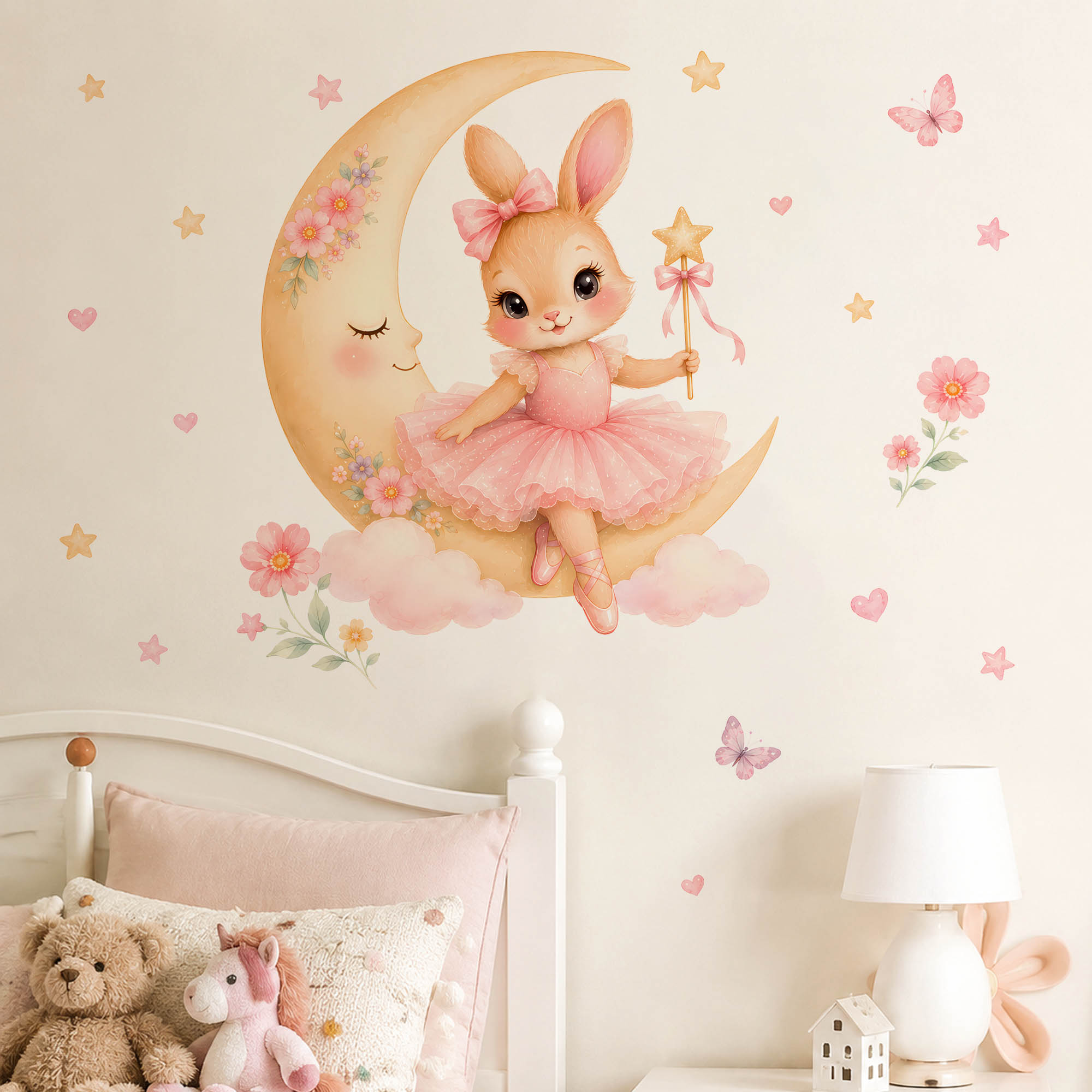 Baby Nursery Decals - Adesivi Murali Acquerello Ballerina Coniglietto Luna,